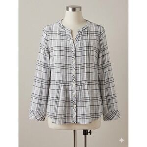 Croft & Barrow XL Grey White Plaid Peplum Button Down Top Long Sleeve Blouse